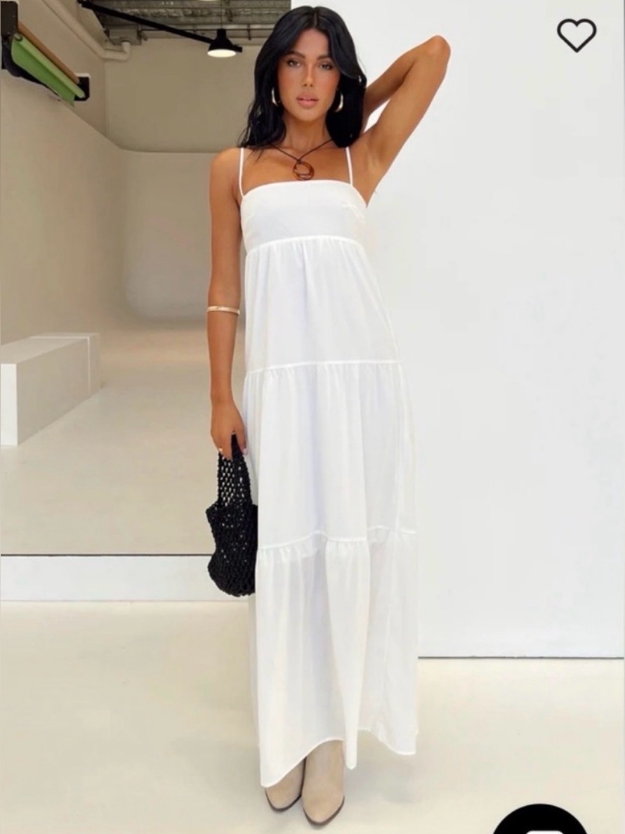 Princess Polly Warrego White Spaghetti-Strap Tiered Maxi Dress, Size 0